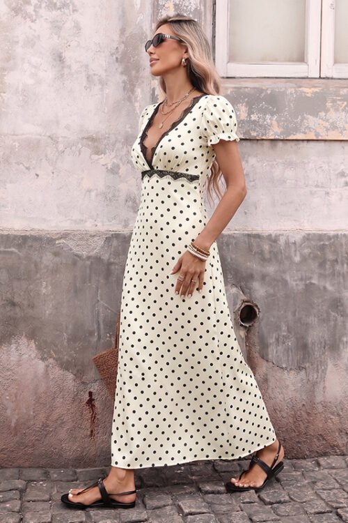 French Vacation Puff Sleeve Polka Dot Lace V neck Dress